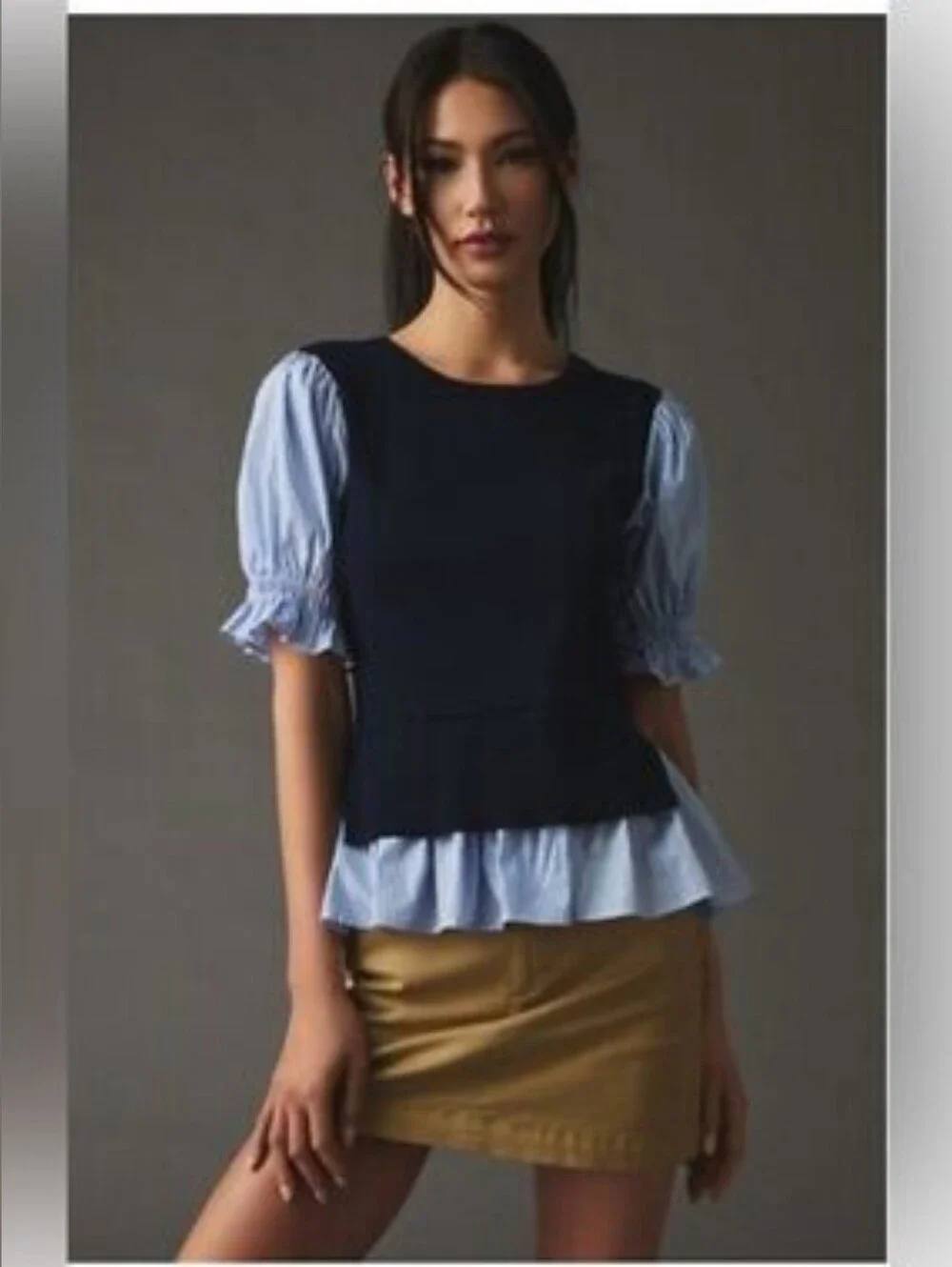NWT Anthropologie Puff Sleeve Shirttail Sweater Vest Top sz M Navy Blue Preppy